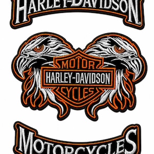 May include: A set of three embroidered patches featuring the Harley-Davidson logo. The top and bottom patches display the text Harley-Davidson and Motorcycles in white with orange borders. The center patch shows two eagle heads flanking a shield.