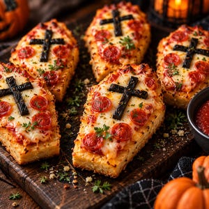 Può includere: Cinque pizze a forma di bara guarnite con mozzarella fusa, fette di salame piccante e una croce di olive nere su ciascuna. Le pizze sono disposte su un tagliere di legno scuro accanto a una ciotolina nera piena di salsa di pomodoro rossa.