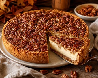 May include: A round pecan cheesecake with a golden-brown crust and a thick layer of glazed pecans on top. A single slice is being lifted with a metal server, revealing a smooth, creamy off-white filling inside the dense, nutty dessert.