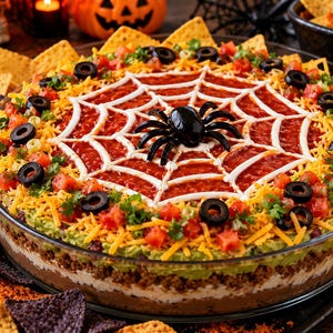 Könnte beinhalten: Ein geschichteter Taco-Dip in einer Glasschale mit einem Spinnennetz-Design aus roter Salsa, garniert mit einer schwarzen Plastikspinne, geriebenem Cheddar, gewürfelten Tomaten, Frühlingszwiebeln und schwarzen Olivenringen, umgeben von Tortilla-Chips.