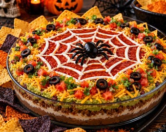 Könnte beinhalten: Ein geschichteter Taco-Dip in einer Glasschale mit einem Spinnennetz-Design aus roter Salsa, garniert mit einer schwarzen Plastikspinne, geriebenem Cheddar, gewürfelten Tomaten, Frühlingszwiebeln und schwarzen Olivenringen, umgeben von Tortilla-Chips.