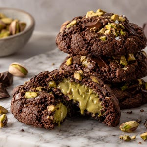 Op de afbeelding: Een stapel donkere chocoladekoekjes gegarneerd met gehakte groene pistachenoten en chocoladestukjes. Eén koekje is doormidden gebroken en onthult een gladde, lichtgroene pistachecrèmevulling. Verspreide pistachenoten en chocoladestukjes liggen eromheen.