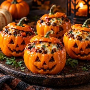 May include: Four orange bell peppers carved with jack-o'-lantern faces and filled with a savory mixture of ground meat, black beans, and melted cheese. Each pepper is topped with its own stem-bearing lid and garnished with fresh green herbs.