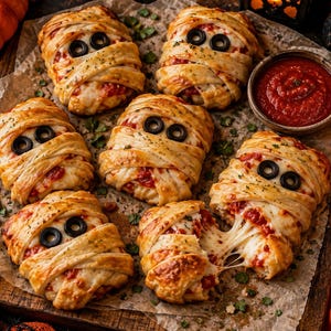 May include: Six mummy-shaped pastries made of golden-brown dough wrapped around a red tomato sauce and cheese filling, topped with sliced black olive eyes. One pastry is pulled apart, showing melted cheese, next to a small bowl of red sauce.