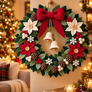 Crochet Christmas Wreath Pattern PDF, Poinsettia Pinecone Bow and Bells Wreath, Crochet Holiday Front Door Decor, Easy Xmas Crochet