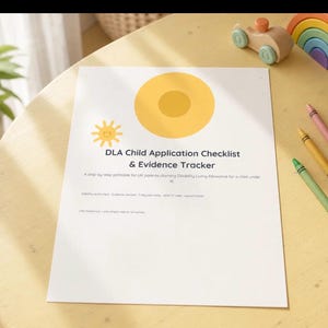 Puede incluir: Un documento de papel blanco titulado DLA Child Application Checklist & Evidence Tracker con un gráfico de sol amarillo y un círculo amarillo grande. El texto incluye A step-by-step printable for UK parents claiming Disability Living Allowance for a child under 16.