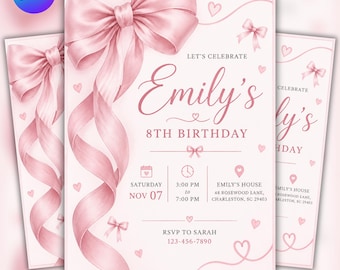 May include: A light pink birthday invitation card featuring a large, flowing satin ribbon bow at the top left. The text reads: Let's Celebrate Emily's 8th Birthday, Saturday Nov 07, 3:00 PM to 7:00 PM, Emily's House, 48 Rosewood Lane, Charleston, SC 29403, RSVP to Sarah 123-456-7890.