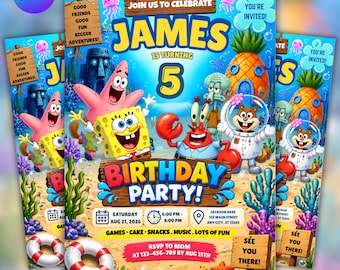 Pode incluir: Um convite de festa de aniversário com personagens do Bob Esponja em um fundo do mar arenoso. O texto inclui JOIN US TO CELEBRATE JAMES IS TURNING 5 BIRTHDAY PARTY, data, hora, local e detalhes de RSVP. Coral colorido e uma boia salva-vidas.