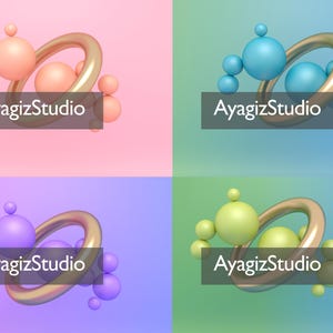 Set of 4 Abstract 3D Spheres Wall Art, Pastel Sphere & Gold Ring Prints, Modern Geometric Decor, Digital Download 6400x4800 High Res