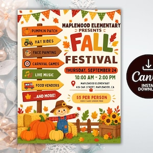 Puede incluir: Un folleto para el Festival de Otoño de la Escuela Primaria Maplewood el jueves 24 de septiembre, de 10:00 a 14:00. Presenta un letrero de madera con actividades, un espantapájaros, calabazas, pacas de heno y girasoles sobre un fondo crema.