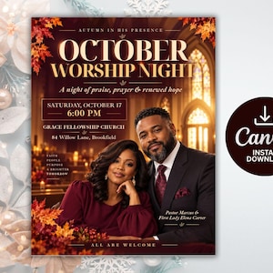 May include: A flyer for an October Worship Night event featuring a man and woman in formal attire. Text includes: Autumn in His Presence, October Worship Night, A night of praise, prayer & renewed hope, Saturday, October 17, 6:00 PM, Grace Fellowship Church.