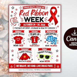 Op de afbeelding: Een Red Ribbon Week flyer met een rode lintafbeelding en de tekst Choose Health. Choose You. Red Ribbon Week October 26-30, 2026. Het toont dagelijkse thema's: maandag rood dragen, dinsdag een teamshirt, woensdag pyjama's, donderdag als held verkleden en vrijdag neonkleuren dragen.