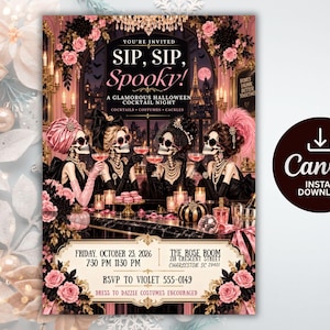 Roze Halloween cocktailparty uitnodiging, uitnodiging voor een meidenavond met skeletthema, bewerkbaar Canva-sjabloon