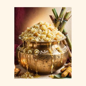 May include: A large brass pot filled with cooked rice and jaggery, with the mixture overflowing and dripping down the sides. In the background, several stalks of sugarcane are visible, and a piece of raw turmeric root sits to the side.
