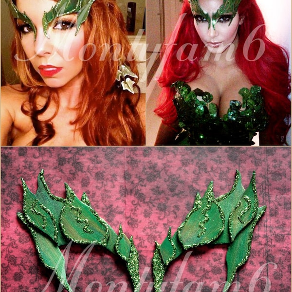 Poison Ivy Leaves Eyebrow Eye mask GREEN w/ Glitter Trim Costume Uma  Fairy Elf Mother Earth Cosplay Comic Con