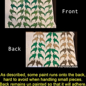 May include: A close-up of two images showing the front and back of a set of green and brown foam pieces. The front side is painted green with glitter, while the back side is unpainted. The text "Front" and "Back" is visible in the image.