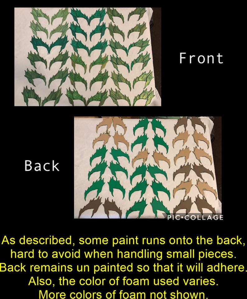 May include: A close-up of two images showing the front and back of a set of green and brown foam pieces. The front side is painted green with glitter, while the back side is unpainted. The text "Front" and "Back" is visible in the image.