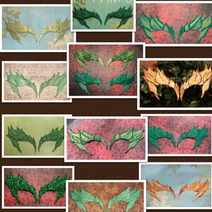 May include: A collage of 12 different pairs of green, gold, and silver glitter eye makeup. The makeup is in the shape of leaves and is designed to look like a fairy or elf. The makeup is on different colored backgrounds, including red, blue, and green.