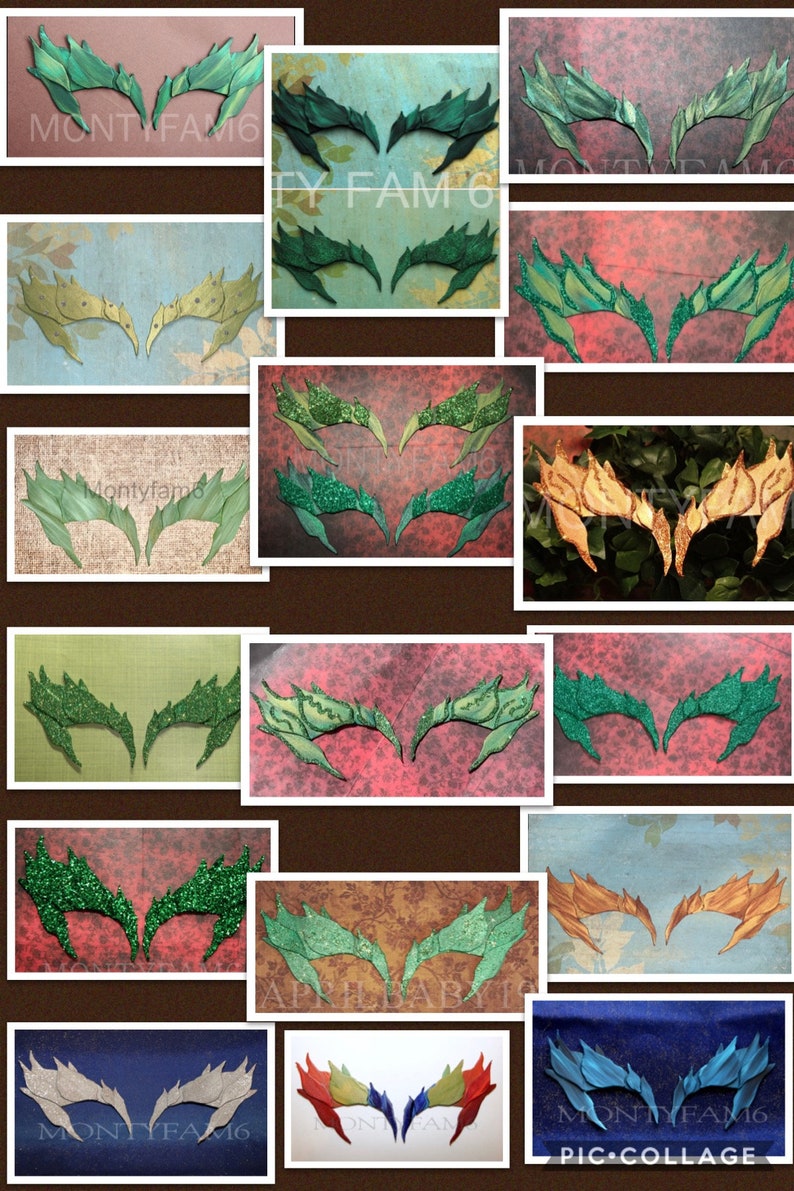 May include: A collage of 12 different pairs of green, gold, and silver glitter eye makeup. The makeup is in the shape of leaves and is designed to look like a fairy or elf. The makeup is on different colored backgrounds, including red, blue, and green.