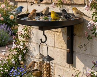 3-in-1 Wand-Vogelfutterhaus & Vogeltränke mit Pflanzenhaken – Rustikale Gartendekoration