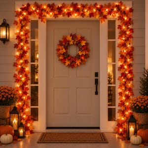 Puede incluir: Una puerta de entrada decorada con una guirnalda iluminada de hojas de arce naranjas, rojas y amarillas que enmarca la entrada. Una corona circular a juego de hojas de otoño cuelga en el centro. Dos linternas y dos calabazas se sitúan debajo.