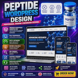 Puede incluir: Un gráfico de marketing digital para Peptide WordPress Design que muestra un portátil y dos teléfonos inteligentes con un sitio web de gráficos moleculares. Un vial de vidrio con tapa azul etiquetado Peptide Research Use Only 5mg está en la esquina superior derecha.