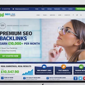 May include: A computer monitor displaying a website for SEO Link Boost, featuring a person wearing glasses, text reading Premium SEO Backlinks, Earn £10,000+ Per Month, and a green Get Started Now button, with various service icons and data charts.
