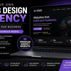 May include: A laptop displaying a website for a web design agency with the text OWN YOUR OWN WEB DESIGN AGENCY, READY-TO-RUN BUSINESS, FULLY OUTSOURCED MODEL, PREMIUM AGENCY WEBSITE INCLUDED, and START YOUR OWN SUCCESSFUL AGENCY WITHOUT THE TECHNICAL WORK.