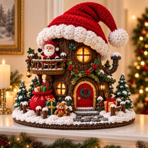 Könnte beinhalten: Eine gehäkelte Weihnachtsbaumhaus-Dekoration mit einem großen rot-weißen Weihnachtsmannmützen-Dach, einem Balkon mit Weihnachtsmannfigur, einer roten Tür mit Kranz, einem Teddybären, Geschenken und kleinen Tannenbäumen auf einer verschneiten Basis.