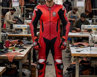 Men's Black Red Motorcycle Racing Suit with Gloves & Armor | One Piece Leather Biker Gear