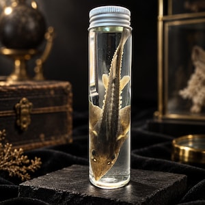 Könnte beinhalten: Ein zylindrisches Glasfläschchen mit silbernem Schraubdeckel, das ein in Flüssigkeit konserviertes Stör-Exemplar enthält. Der Fisch zeigt einen dunklen, länglichen Körper mit markanten Knochenschilden entlang des Rückens und breiten Flossen.