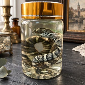 Può includere: Un barattolo di vetro trasparente con un coperchio dorato riflettente contenente un serpente conservato immerso nel liquido. Il serpente presenta una pelle a motivi con squame marrone scuro, nere e bianche arrotolate nel contenitore.