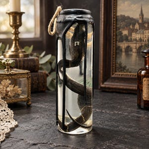 Serpente nero conservato, barattolo per esemplari umidi, decorazione dark academia.