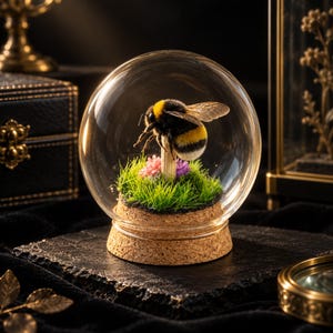 May include: A glass dome cloche featuring a fuzzy yellow and black bumblebee perched on a small wooden post. The bee is positioned above a patch of green artificial grass with small pink and purple flowers, all set on a round cork base.