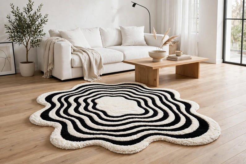 Black and ivory hand-tufted area rug featuring multiple irregular concentric waves surrounding a soft ivory center. The organic-shaped rug has a sculptural scalloped silhouette and plush textured surface. It is displayed in a bright modern living room with a white sofa, natural wood coffee table, indoor olive tree, neutral décor, sheer curtains and warm hardwood flooring.