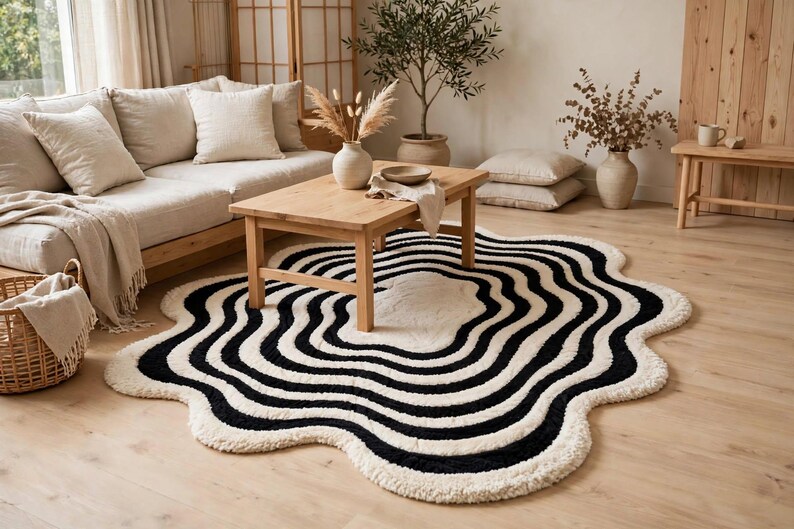 Artistic hand-tufted wavy area rug in black and ivory, designed with flowing concentric organic lines and an irregular scalloped border. The contemporary monochrome rug creates a bold focal point in a minimalist living room featuring a white sectional sofa, natural wood coffee table, indoor olive tree, neutral décor and warm hardwood flooring.