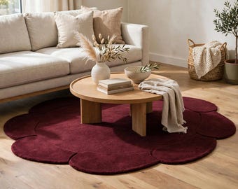 Handgetufteter Teppich, burgunderroter Blumenteppich, runder Blumenteppich, handgefertigter Wollteppich, moderne Boho-Schlaf- und Wohnzimmerdekoration