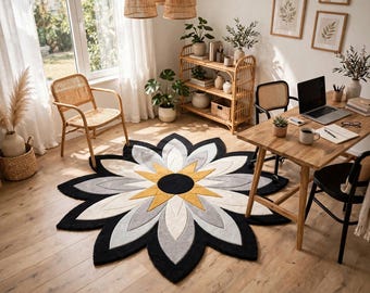 Handgetufteter Teppich, blumenförmiger Teppich, floraler Teppich, schwarz-weiß-goldener Teppich, moderner Statement-Teppich, Schlafzimmer- und Wohnzimmerdekoration
