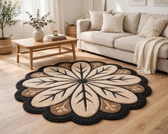 Handgetufteter Teppich, floraler Teppich, schwarz-beige-brauner botanischer Teppich, moderne Boho-Schlaf- und Wohnzimmerdekoration