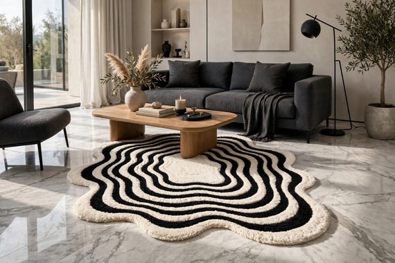 Hand Tufted Rug, Black White Wavy Area Rug, Organic Abstract Rug, Irregular Shape Carpet, Modern Statement Living Room Decor