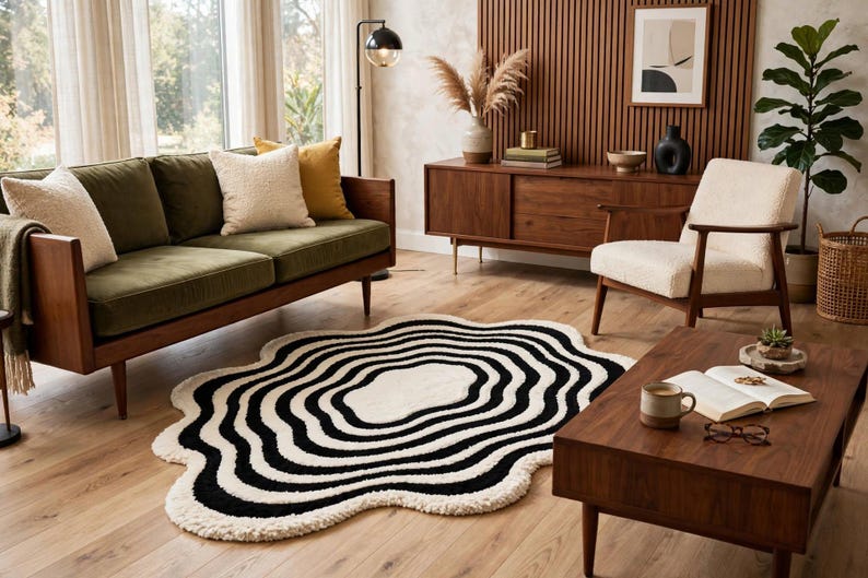 Unique hand-tufted organic wave rug in deep black and ivory white, featuring layered concentric curves and a softly scalloped outer edge. The artistic statement rug adds dramatic contrast to a neutral living room with a cream sofa, wooden coffee table, beige throw, indoor olive tree, minimalist décor and large bright windows.