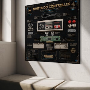Peut inclure: Un panneau mural noir présentant une manette Nintendo Entertainment System démontée. Les composants, incluant le circuit imprimé, les boutons et la coque, sont disposés avec des étiquettes et le texte NINTENDO CONTROLLER.
