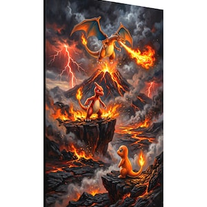 Wydruk na płótnie: Smok, Ogień, Wulkan, Dekoracja ścienna w stylu pop-artu Charizard Glutexo Charmander, Prezent z nadrukiem artystycznym Anime Charizard