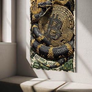 Stampa su tela Bitcoin Snake Crypto | Arte murale Pitone Oro | Decorazione per sala trading | Arte del denaro Nero Oro | Motivazione Hustle XXL