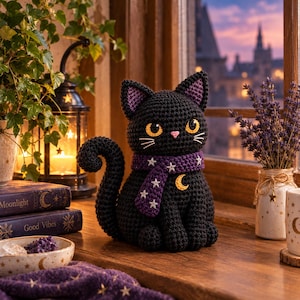 Puede incluir: Una figura de gato tejida a ganchillo en color negro con grandes ojos amarillos, nariz rosa y bigotes blancos. El gato lleva una bufanda morada decorada con estrellas blancas y una luna creciente amarilla. Las orejas tienen detalles morados.