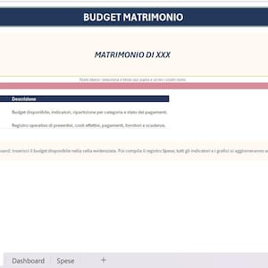 Può includere: Un'interfaccia di foglio di calcolo digitale per il budget di un matrimonio con un'intestazione blu scuro etichettata BUDGET MATRIMONIO, una sezione centrale intitolata MATRIMONIO DI XXX e una tabella con le descrizioni dei fogli Dashboard e Spese.