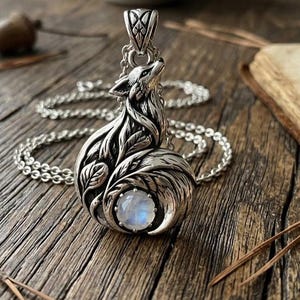 May include: A silver pendant necklace featuring a sculpted fox with detailed fur textures and leaf motifs. The fox is depicted in a curled position with a round, iridescent moonstone cabochon set into its tail. The pendant hangs on a silver chain.
