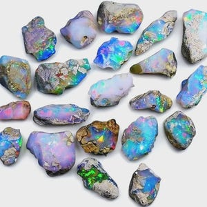 May include: A collection of twenty raw, unpolished opal stones of varying shapes and sizes. Each stone displays a unique play of color, featuring iridescent flashes of blue, green, pink, and yellow against a milky white or translucent base.