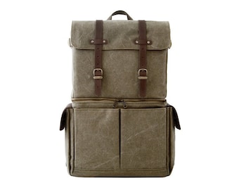 Camera Backpack, School Bag, Travel Bag, hiking backpack, for 13 inch laptop, 15 inch laptop, macbook bag, JOURNEYMAN, Green Canvas,