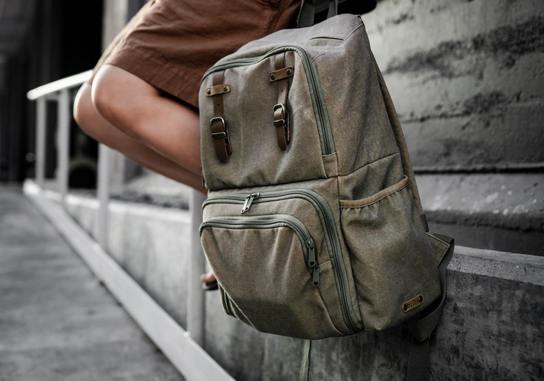 Green Canvas Diaper bag, unisex travel backpack, school laptop backpack, backpack women, baby shower gift, gift for mom, gift for dad /FIT/ image 10